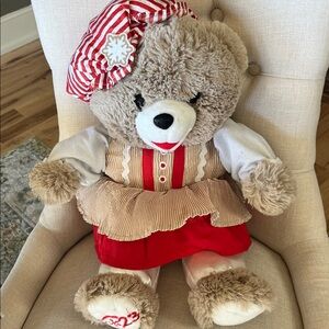 Festive Christmas Teddy Bear with Red and Tan Dress and Cap